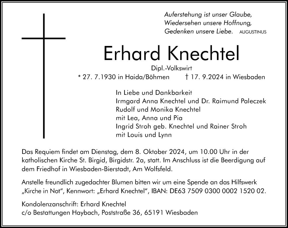  Traueranzeige für Erhard Knechtel vom 28.09.2024 aus Wiesbadener Kurier