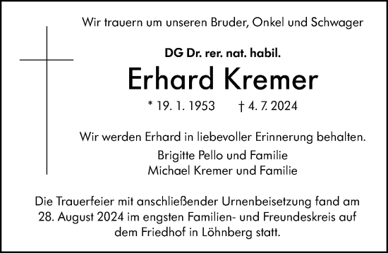 Traueranzeige von Erhard Kremer von Weilburger Tageblatt