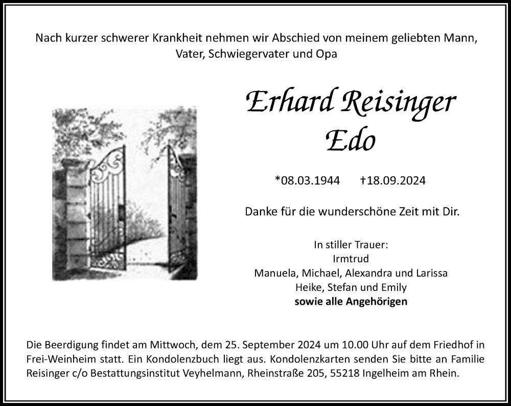  Traueranzeige für Erhard Reisinger vom 21.09.2024 aus Allgemeine Zeitung Rheinhessen-Nahe