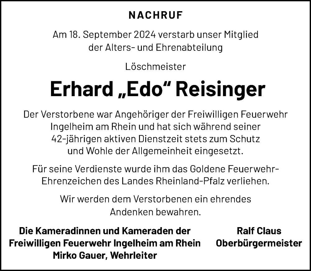  Traueranzeige für Erhard Reisinger vom 28.09.2024 aus Allgemeine Zeitung Rheinhessen-Nahe