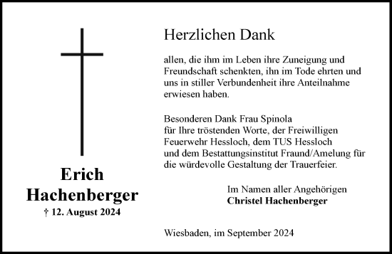 Traueranzeige von Erich Hachenberger von Wiesbadener Kurier