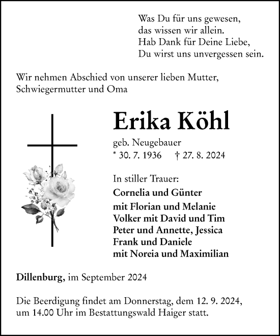 Traueranzeige von Erika Köhl von Dill Block