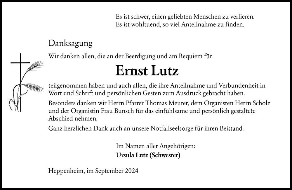  Traueranzeige für Ernst Lutz vom 21.09.2024 aus Starkenburger Echo