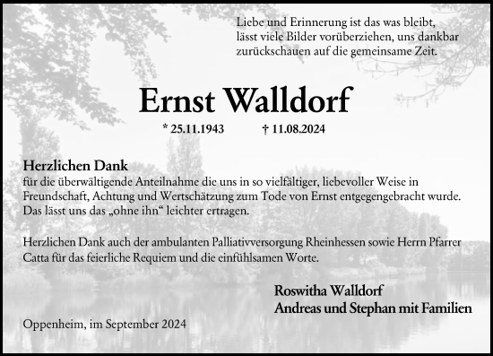 Traueranzeige von Ernst Walldorf von Allgemeine Zeitung Mainz