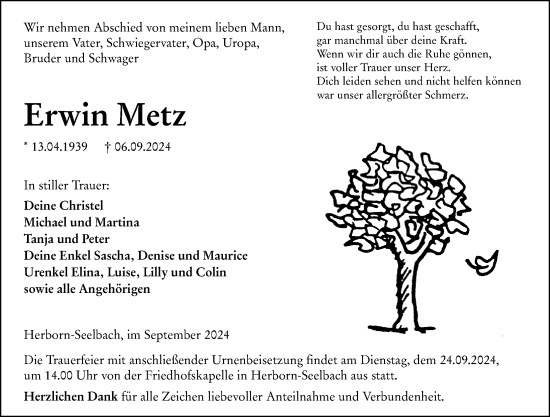 Traueranzeige von Erwin Metz von Dill Block