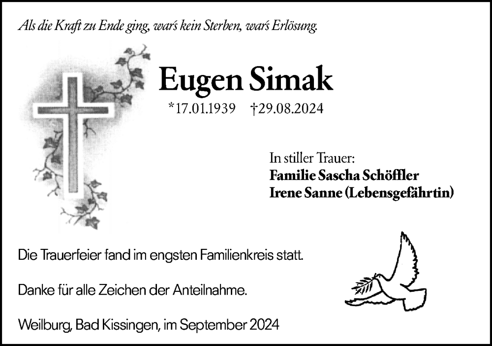  Traueranzeige für Eugen Simak vom 28.09.2024 aus Weilburger Tageblatt