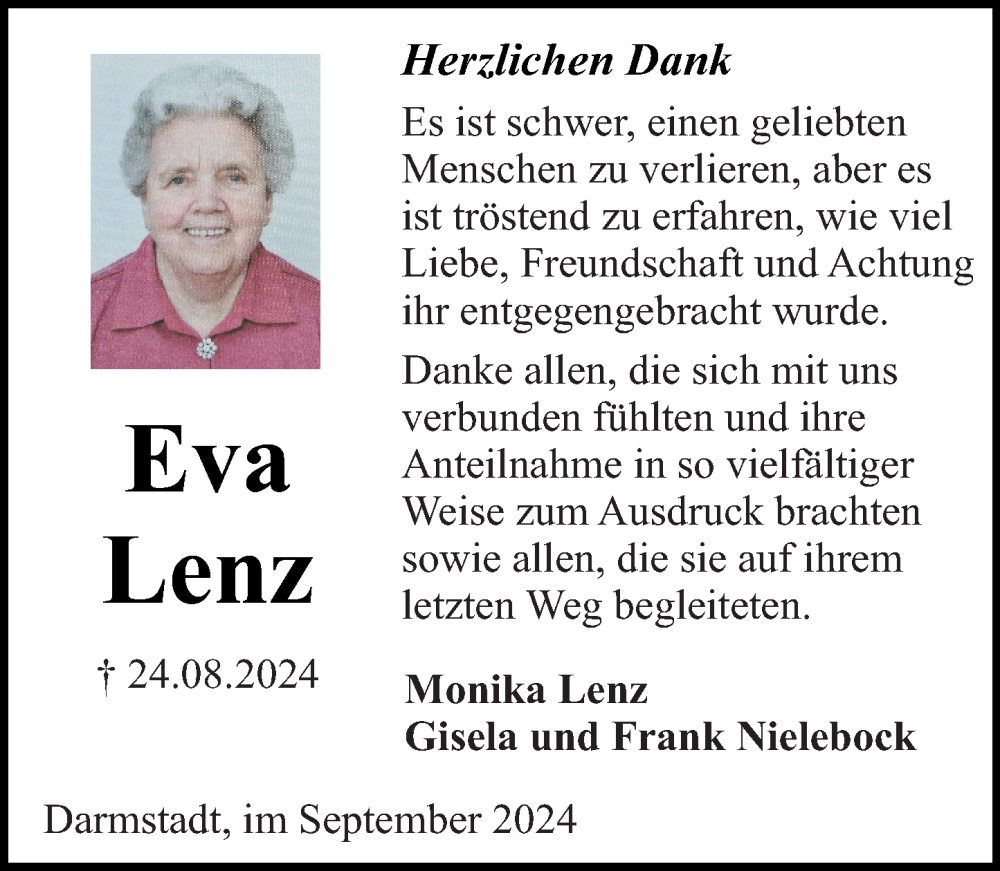 Traueranzeige für Eva Lenz vom 21.09.2024 aus Darmstädter Echo