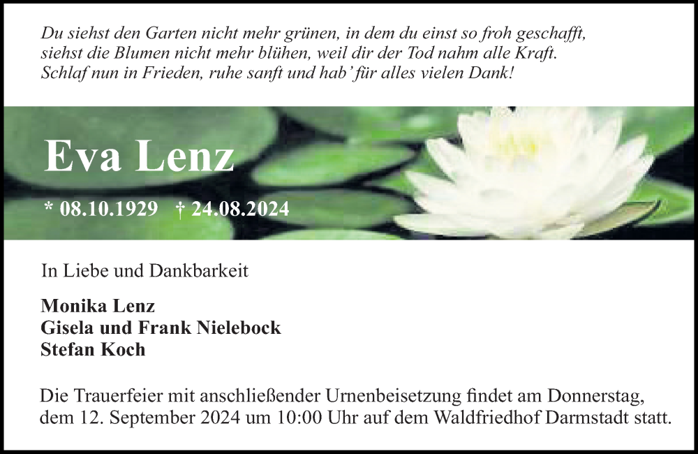  Traueranzeige für Eva Lenz vom 07.09.2024 aus Darmstädter Echo