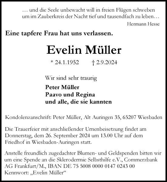 Traueranzeige von Evelin Müller von Wiesbadener Kurier