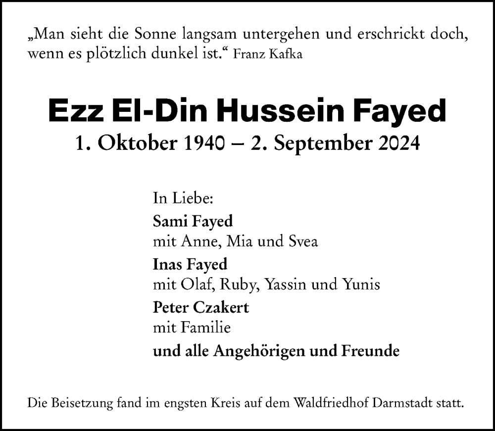  Traueranzeige für Ezz El-Din Hussein Fayed vom 07.09.2024 aus Darmstädter Echo