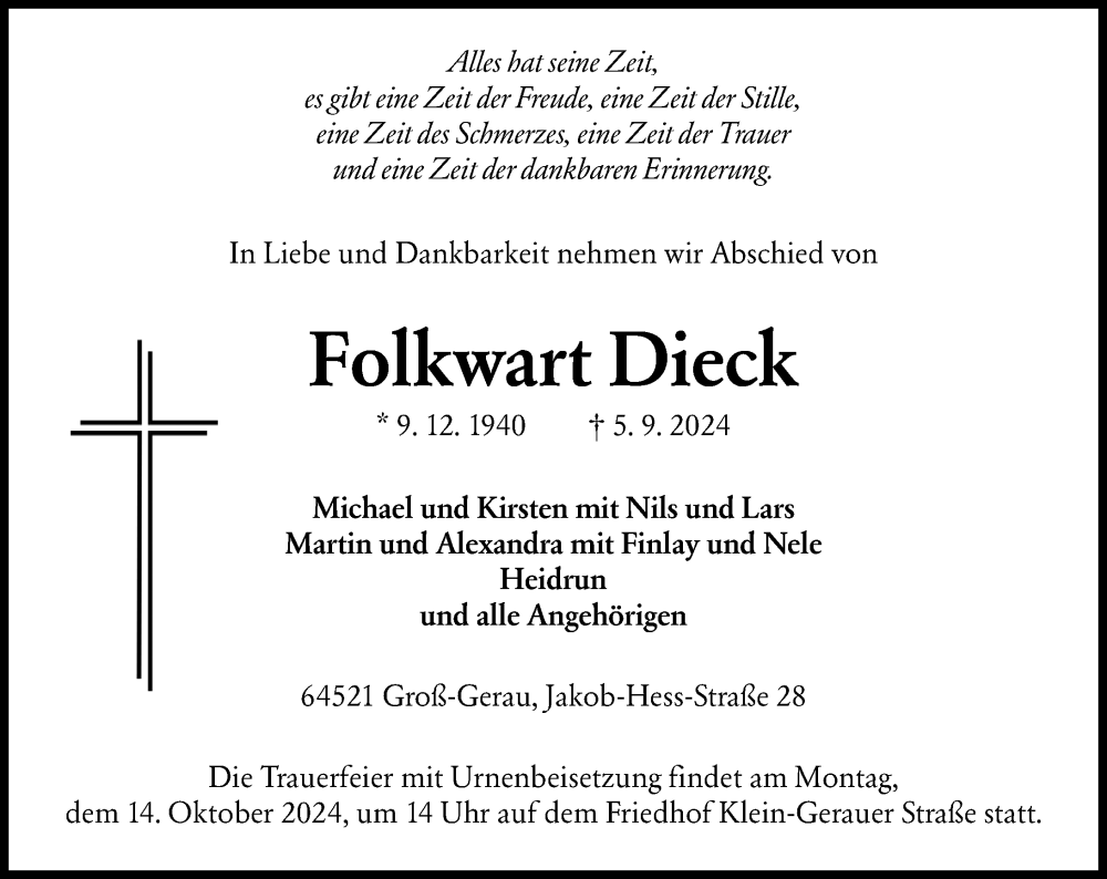  Traueranzeige für Folkwart Dieck vom 21.09.2024 aus Rüsselsheimer Echo