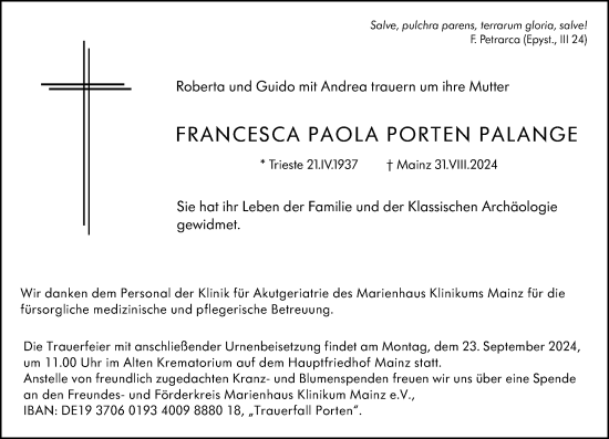 Traueranzeige von Francesca Paola Porten Palange von Allgemeine Zeitung Mainz