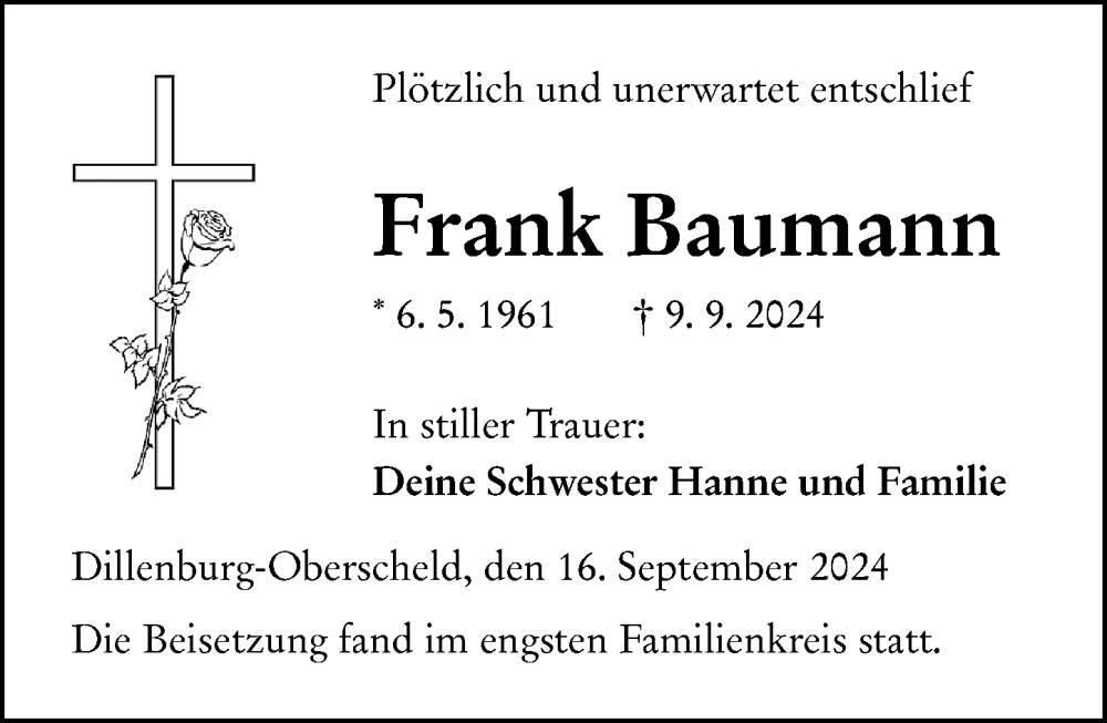  Traueranzeige für Frank Baumann vom 16.09.2024 aus Dill Block