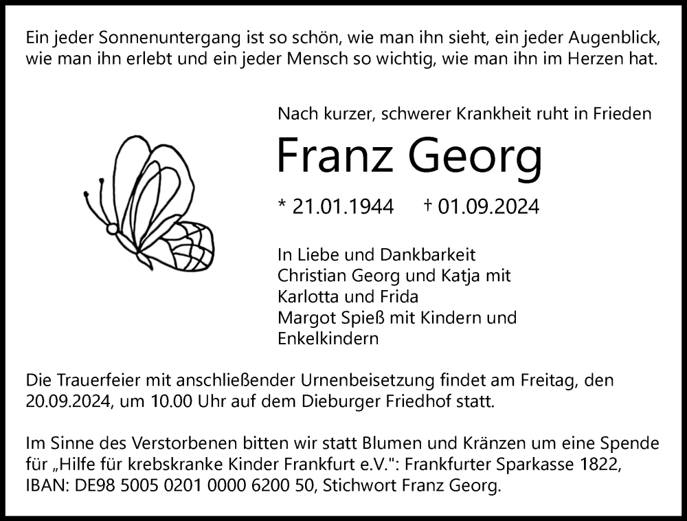  Traueranzeige für Franz Georg vom 14.09.2024 aus Dieburger Anzeiger/Groß-Zimmerner Lokal-Anzeiger