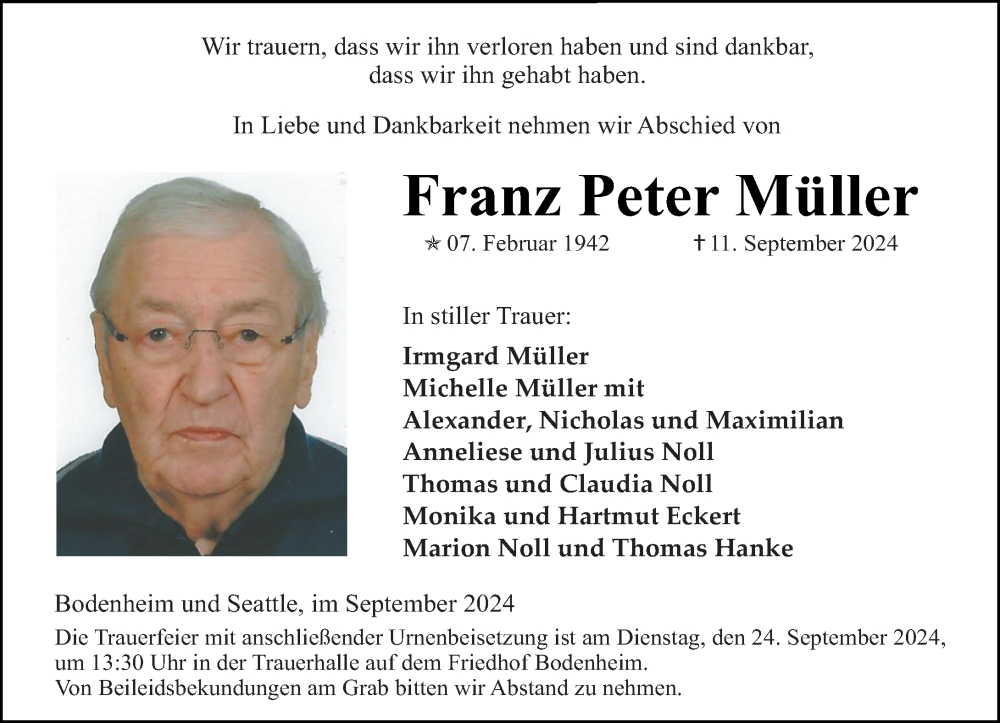  Traueranzeige für Franz Peter Müller vom 21.09.2024 aus Allgemeine Zeitung Mainz