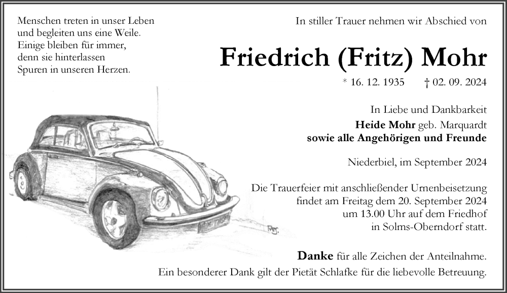  Traueranzeige für Friedrich Mohr vom 17.09.2024 aus Wetzlarer Neue Zeitung