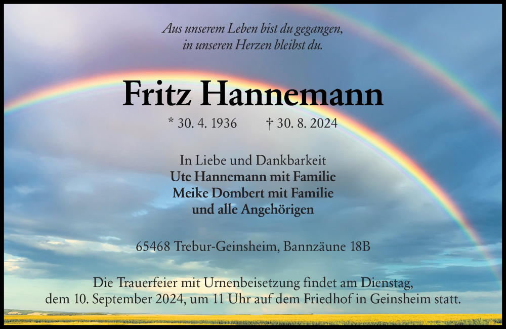  Traueranzeige für Fritz Hannemann vom 07.09.2024 aus Groß-Gerauer Echo