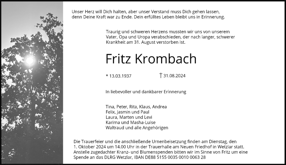  Traueranzeige für Fritz Krombach vom 25.09.2024 aus Wetzlarer Neue Zeitung