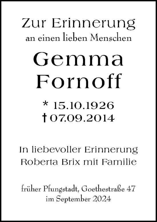 Traueranzeige von Gemma Fornoff von Darmstädter Echo