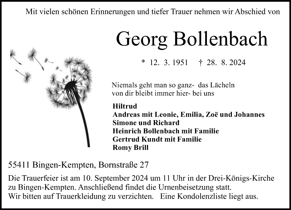  Traueranzeige für Georg Bollenbach vom 07.09.2024 aus Allgemeine Zeitung Rheinhessen-Nahe