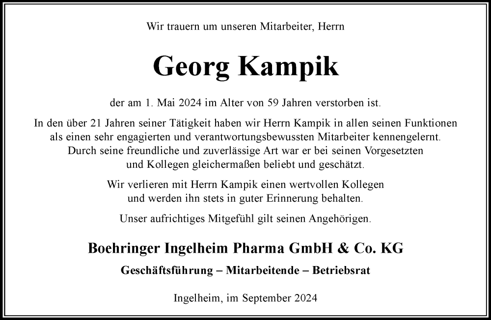  Traueranzeige für Georg Kampik vom 18.09.2024 aus Allgemeine Zeitung Rheinhessen-Nahe