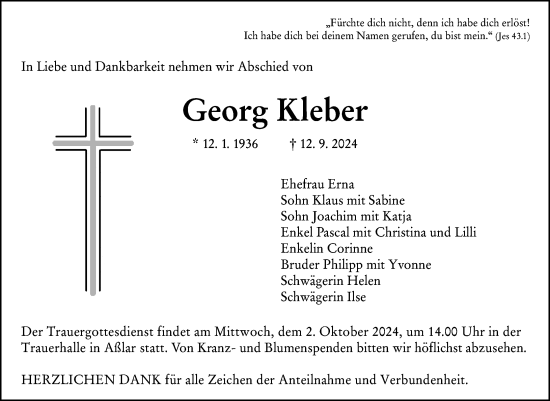 Traueranzeige von Georg Kleber von Wetzlarer Neue Zeitung