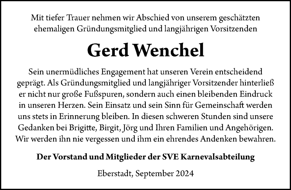  Traueranzeige für Gerd Wenchel vom 24.09.2024 aus Darmstädter Echo