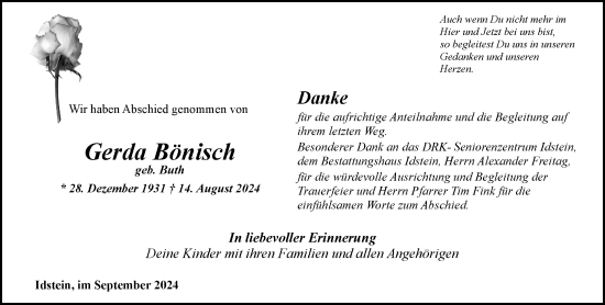 Traueranzeige von Gerda Bönisch von Wiesbadener Kurier