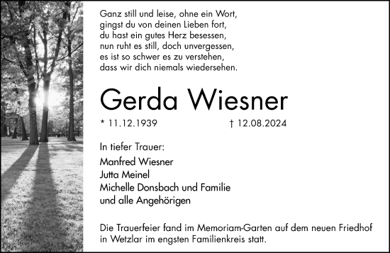 Traueranzeige von Gerda Wiesner von Wetzlarer Neue Zeitung