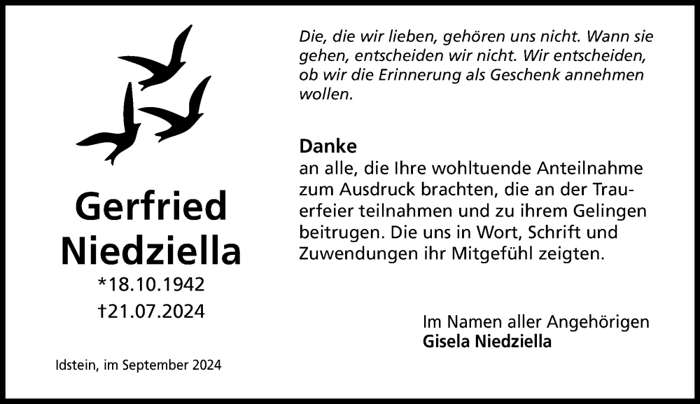  Traueranzeige für Gerfried Niedziella vom 07.09.2024 aus Idsteiner Land/Untertaunus