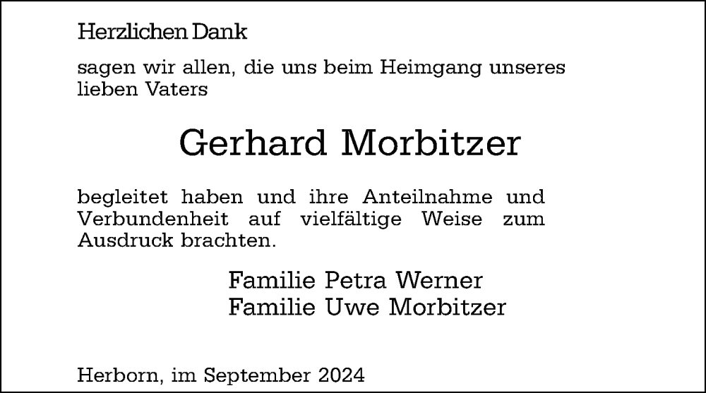  Traueranzeige für Gerhard Morbitzer vom 14.09.2024 aus Dill Block