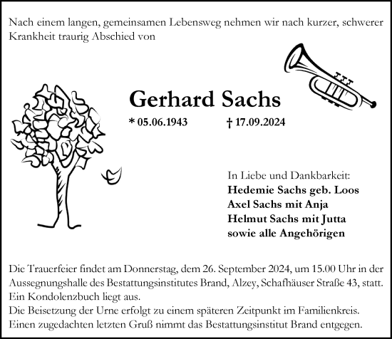 Traueranzeige von Gerhard Sachs von Allgemeine Zeitung Alzey