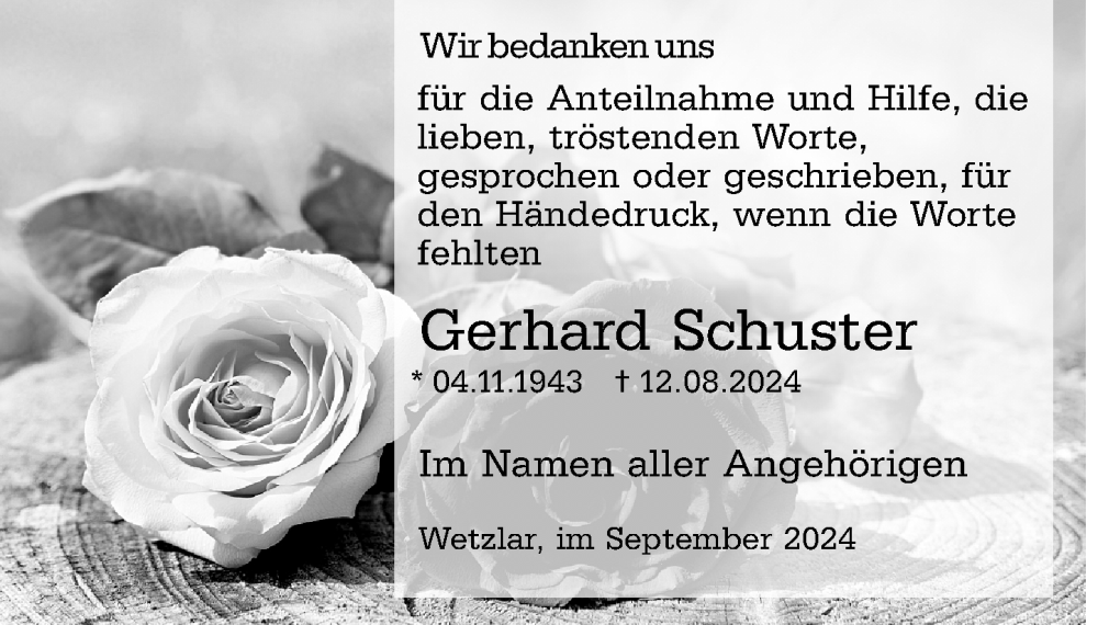  Traueranzeige für Gerhard Schuster vom 17.09.2024 aus Wetzlarer Neue Zeitung