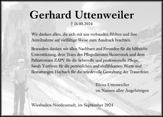 Traueranzeige von Gerhard Uttenweiler von Wiesbadener Kurier