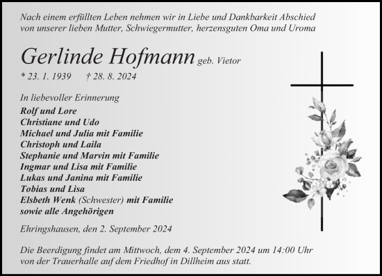 Traueranzeige von Gerlinde Hofmann von Wetzlarer Neue Zeitung