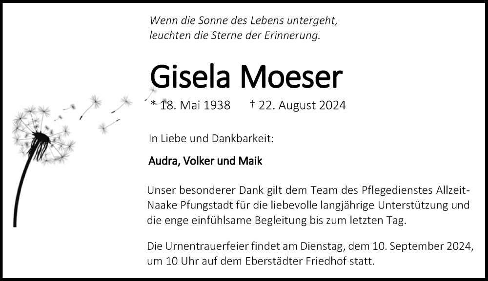  Traueranzeige für Gisela Moeser vom 07.09.2024 aus Darmstädter Echo