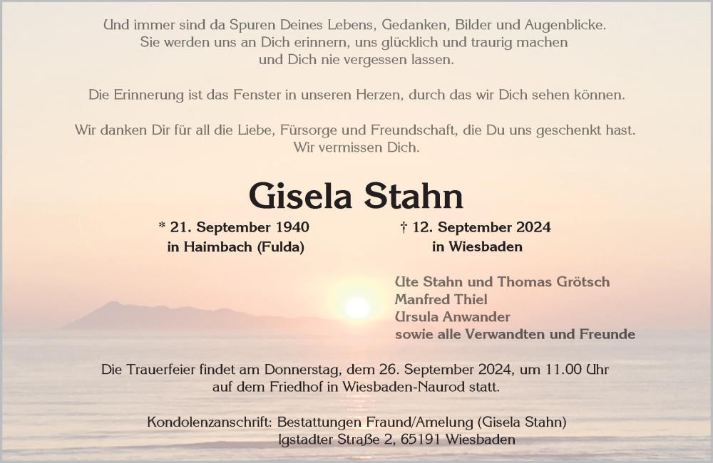  Traueranzeige für Gisela Stahn vom 21.09.2024 aus Wiesbadener Kurier