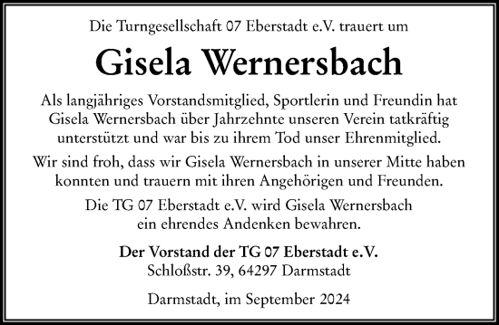 Traueranzeige von Gisela Wernersbach von Darmstädter Echo