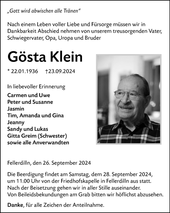 Traueranzeige von Gösta Klein von Dill Block