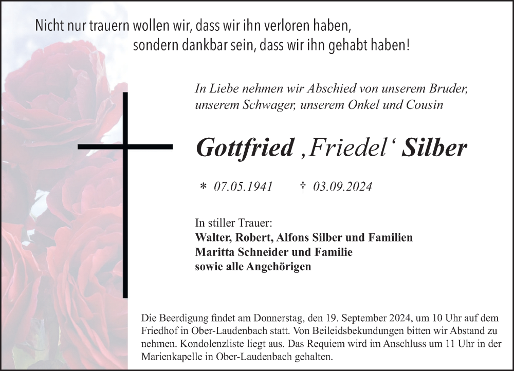  Traueranzeige für Gottfried Silber vom 16.09.2024 aus Starkenburger Echo