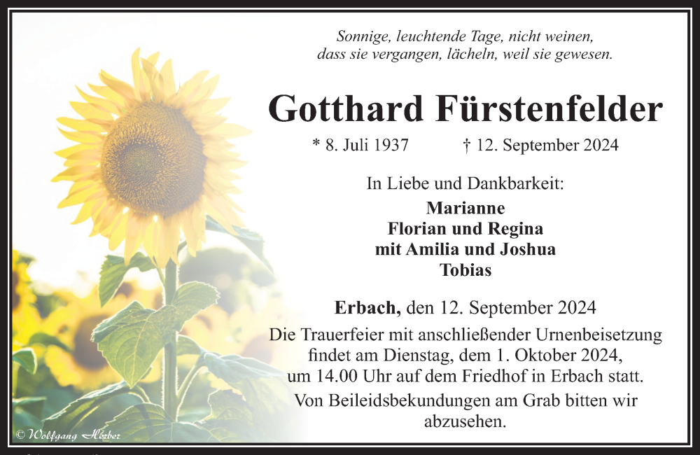  Traueranzeige für Gotthard Fürstenfelder vom 26.09.2024 aus Camberger Anzeiger