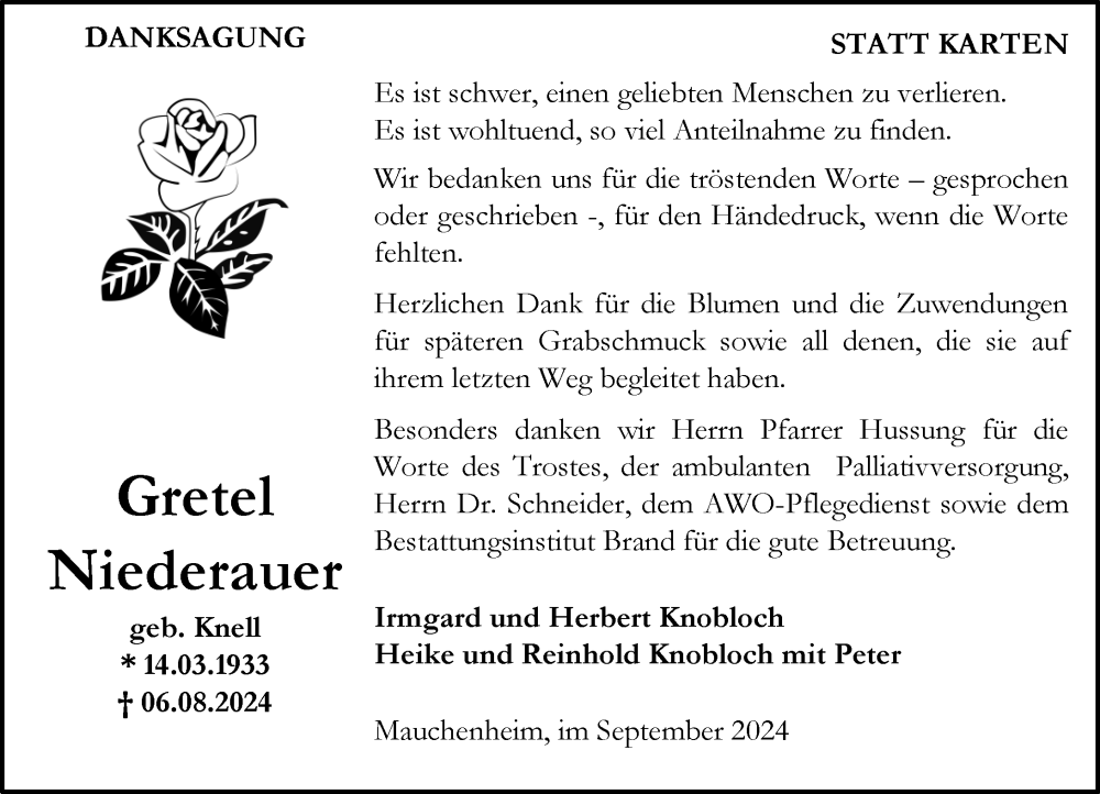  Traueranzeige für Gretel Niederauer vom 07.09.2024 aus Allgemeine Zeitung Alzey