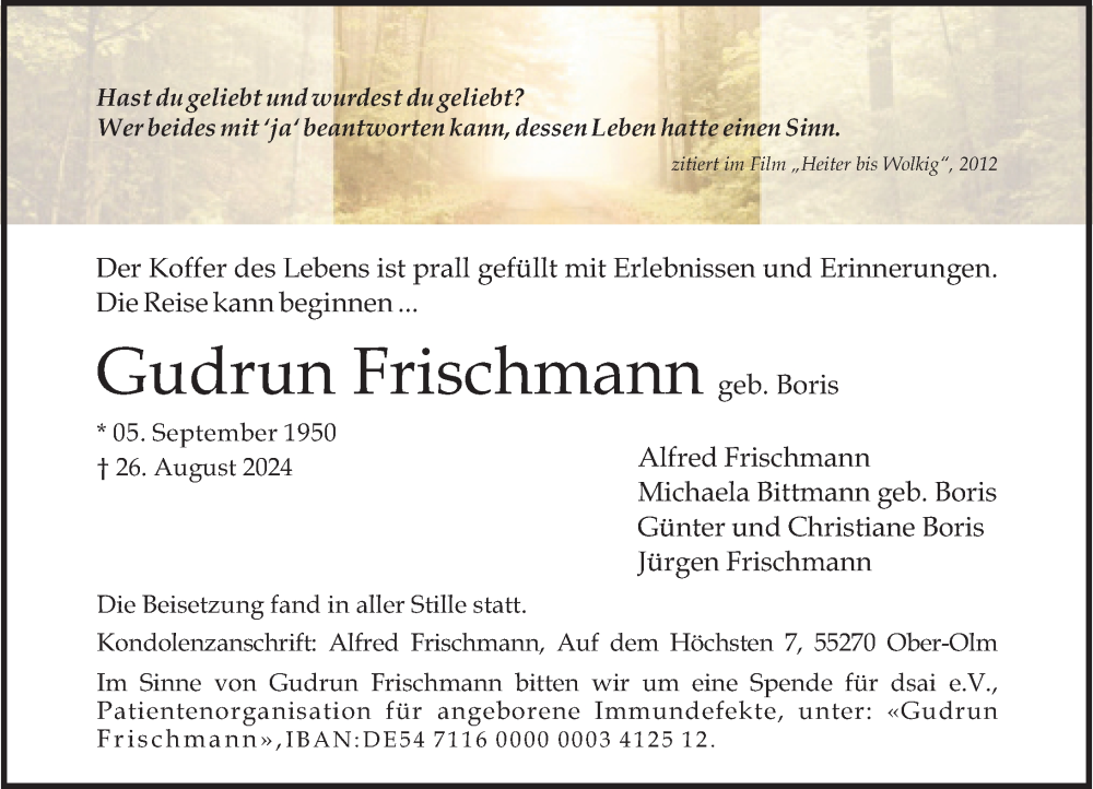  Traueranzeige für Gudrun Frischmann vom 14.09.2024 aus Allgemeine Zeitung Mainz