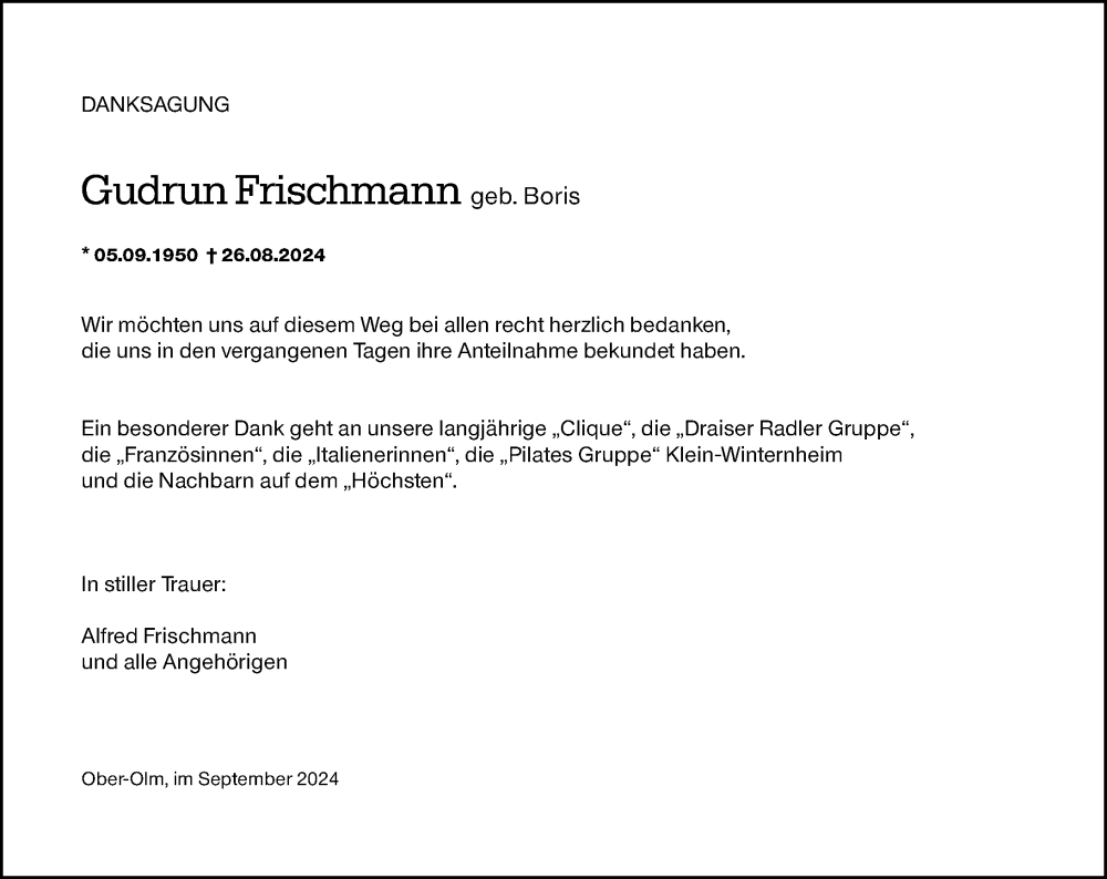  Traueranzeige für Gudrun Frischmann vom 28.09.2024 aus Allgemeine Zeitung Mainz