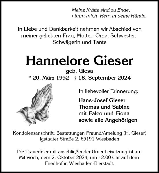 Traueranzeige von Hannelore Gieser von Wiesbadener Kurier