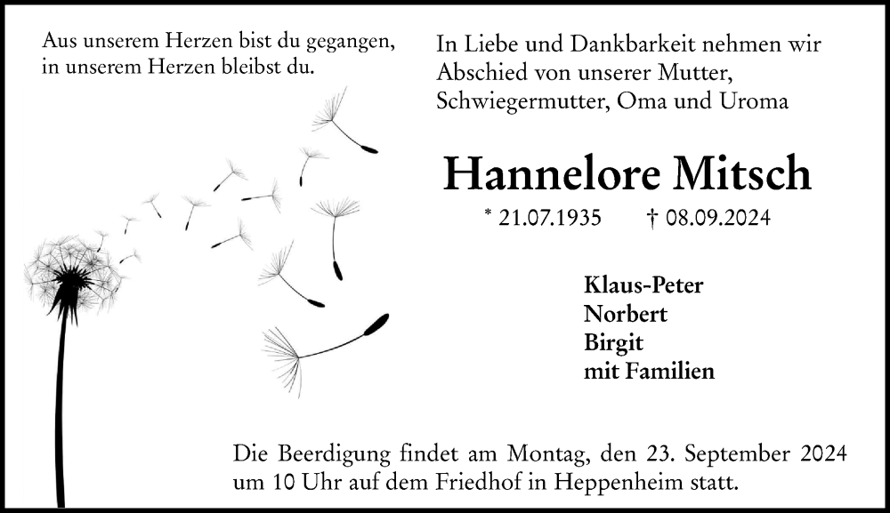  Traueranzeige für Hannelore Mitsch vom 14.09.2024 aus Starkenburger Echo