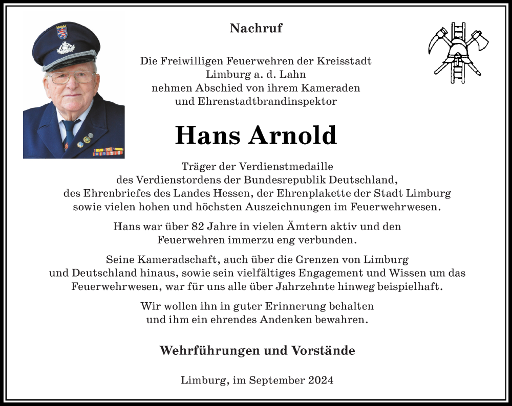  Traueranzeige für Hans Arnold vom 28.09.2024 aus Nassauische Neue Presse