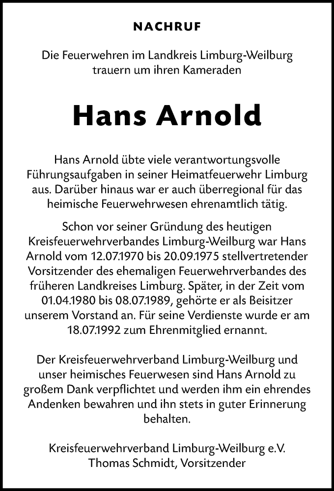  Traueranzeige für Hans Arnold vom 28.09.2024 aus Nassauische Neue Presse