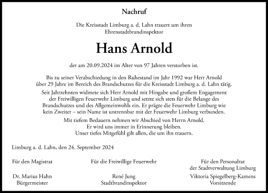 Traueranzeige von Hans Arnold von Nassauische Neue Presse