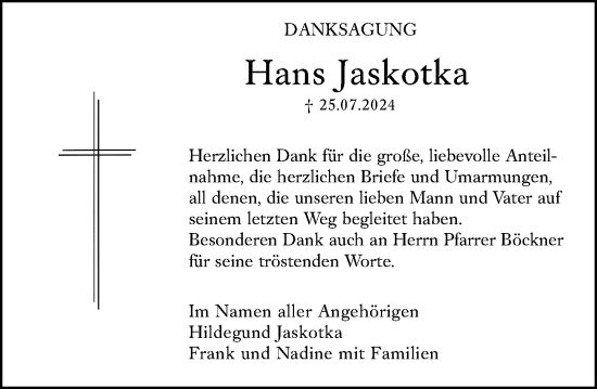 Traueranzeige von Hans Jaskotka von Dill Block